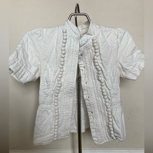 White Short-Sleeve Textured Button Front Jacket